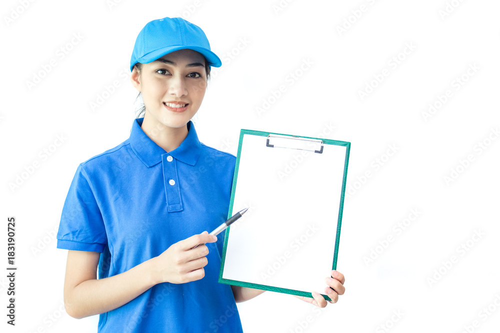 Young Asian Woman with Delivery service worker in uniform. Woman holding clipboard with attractive smiling isolated on white background. Young Asian Woman with Delivery service worker in uniform. Woman holding clipboard with attractive smiling isolated on white background.