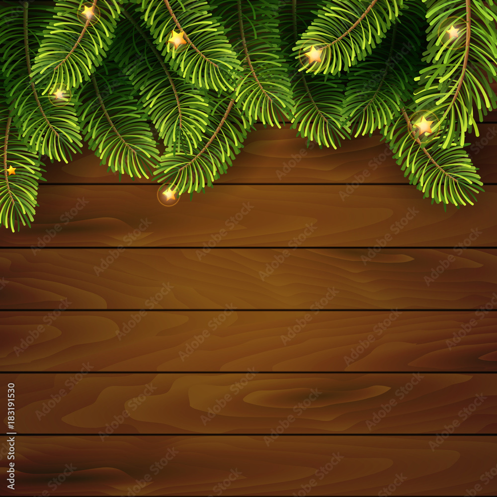 Fototapeta premium Christmas tree top frame on wood plank background. vector illustration