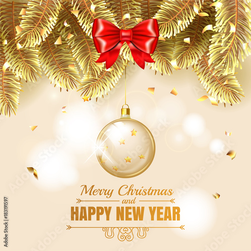 Elegant Christmas gold illustration with glass christmass ball. Elegant vector background with fir-tree branches. Happy New Year banner with golden confetti, stars and shining lights. Vector 