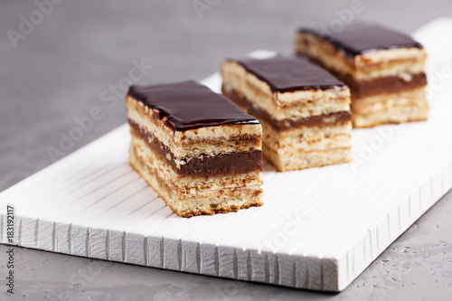 Cake Opera on a gray background, horizontal, selective focus