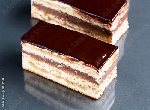 Cake Opera on a dark background, horizontal, selective focus