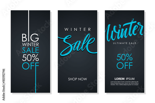 Winter Sale flyers set with hand lettering for business, commerce, promotion and advertising. Discount 50 percent off. Vector illustration.