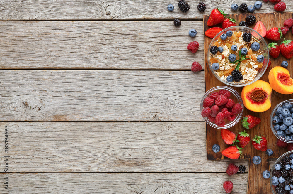 Tasty pastry, fruits and berries on rustic wood, top view Tasty pastry, fruits and berries on rustic wood, top view