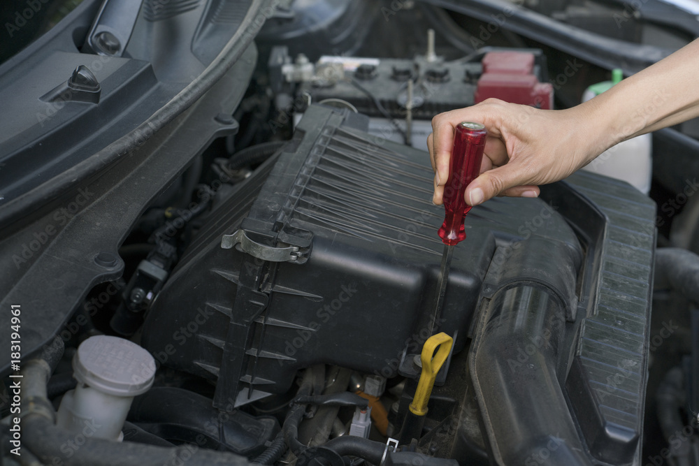 Technician check the engine daily, maintenance and repair concept