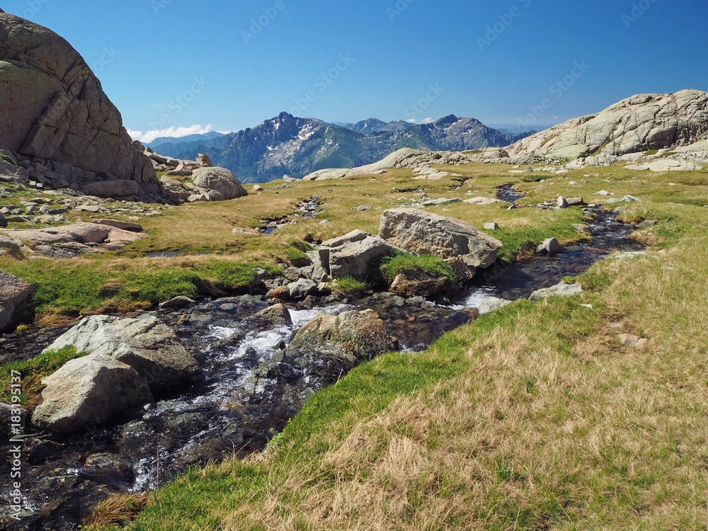 summer scenery of high snow covered mountain corsician alpes with beatiful mountain stream spring on green meadow and rocks boulders with blue sky background
