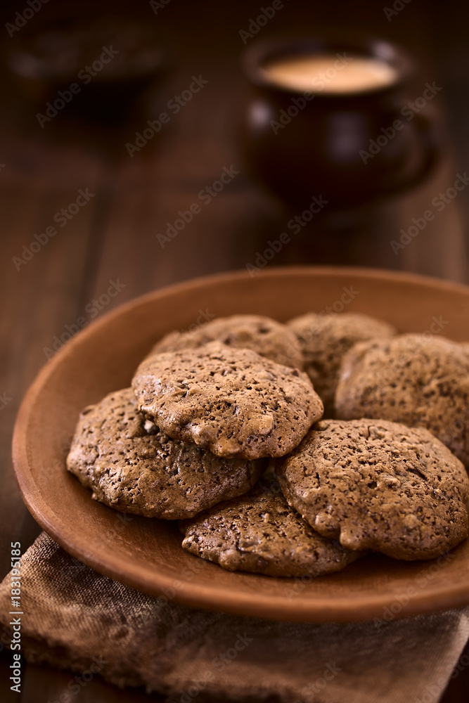 Homemade double chocolate chip cookies on rustic plate, photographed on dark wood with natural light (Selective Focus, Focus one third into the cookie on the top)