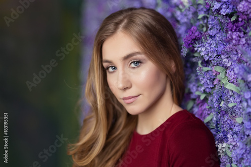 Close-up portrait of young beautiful girl. Fashion photo. Studio photo. Hairstyle - styling, Makeup. Fashionable hairstyle, beauty, self-care, boutique, magazine. Beautiful fair hair. Amazing girl. © Anna Niki