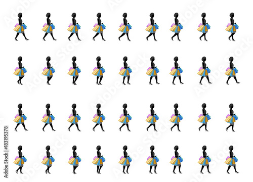 shopping girl walk cycle, Animation sprite sheet, sprites, Loop animation