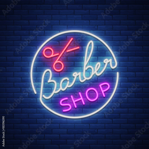 Logo, a neon sign for a hairdresser and barbershop. Emblem, neon style label. Bright advertising billboard advertising banner, luminous banner. Vector illustration