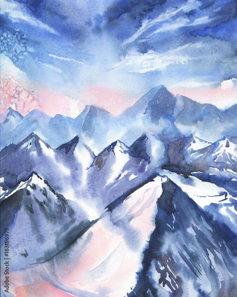 Obraz Zima krajobraz z niebem i górami. Ręcznie rysowane akwarela ilustracja.