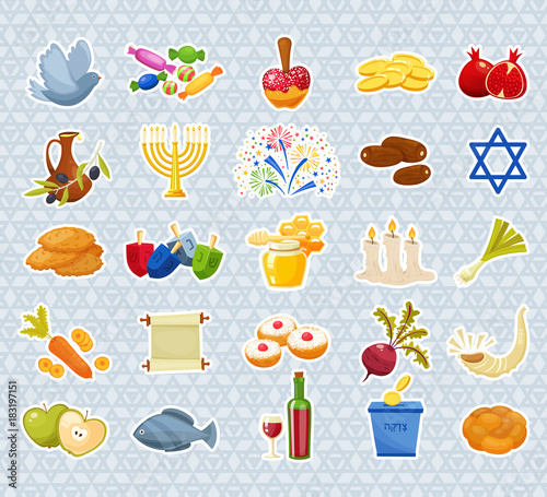 Jewish Holiday Hanukkah icons set. Vector illustration