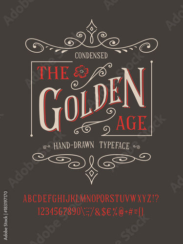 THE GOLDEN AGE FONT. Old retro typeface design. Hand made type alphabet. Authentic letters, numbers, punctuation. Script art for fashion apparel t shirt print graphic vintage vector badge label logo