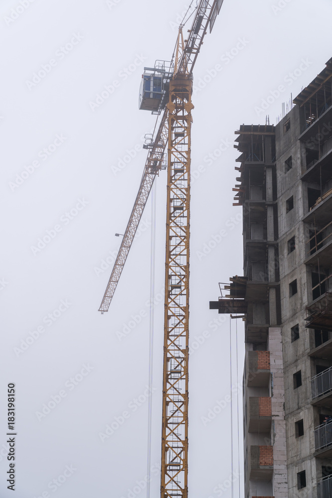 Fototapeta premium Construction of houses in winter. Severe weather