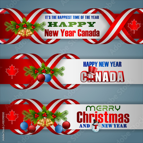 Set of web banners background with texts, Christmas decoration and national flag colors for Canada, New year and Christmas, event celebration; Vector celebration