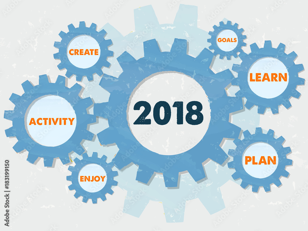 new year 2018 and business conception words in grunge gears infographic