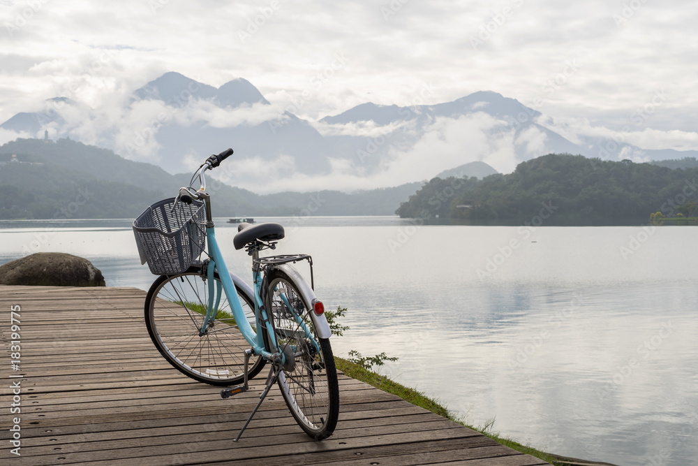 Bicycle with the beautiful view at the sun moon lake bike trail Bicycle with the beautiful view at the sun moon lake bike trail