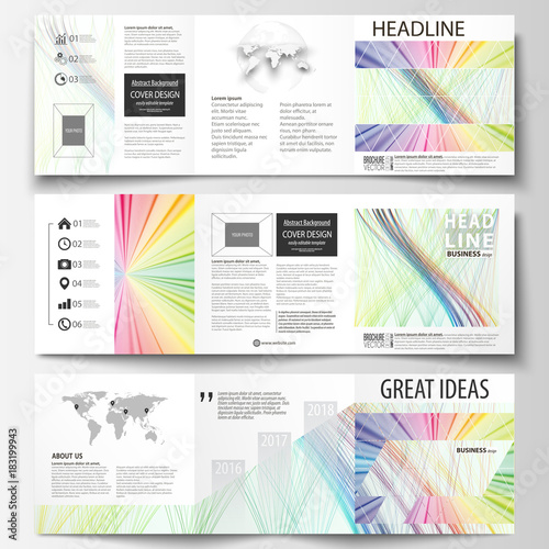 Set of business templates for tri fold square brochures. Leaflet cover, flat layout, easy editable vector. Colorful background with abstract waves, lines. Bright color curves. Motion design.