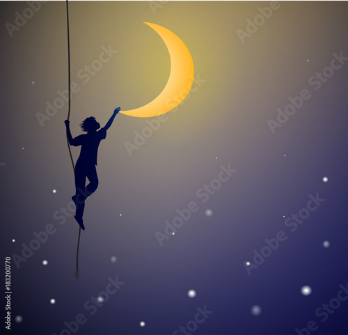 boy hanging on the rope and touching the moon, on the heavens, dream,