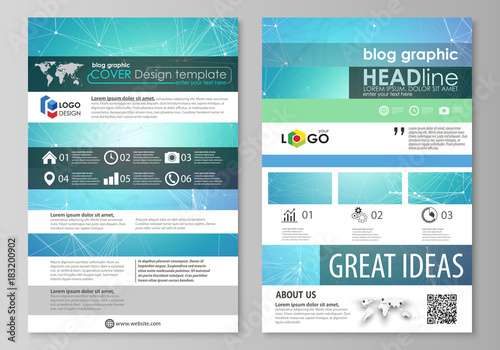 Blog graphic business templates. Page website design template, abstract vector layout. Chemistry pattern, connecting lines and dots, molecule structure, medical DNA research. Medicine concept.