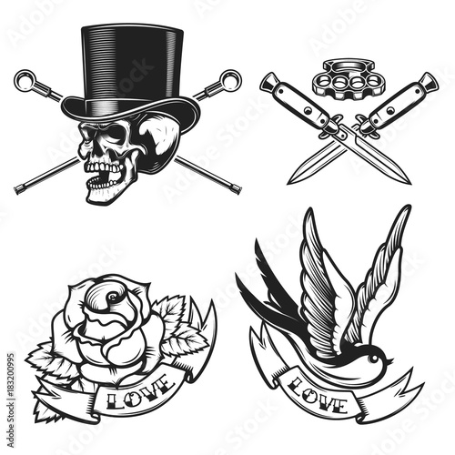 old school tattoo emblems. Swallow bird, skull in hat, rose flower, crossed knives. Design element for emblem, sign, label, poster. Vector illustration