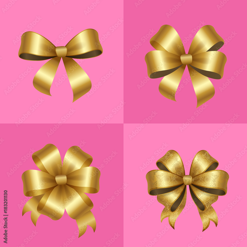 Gold Decorative Bows Knots Set Vector Illustration
