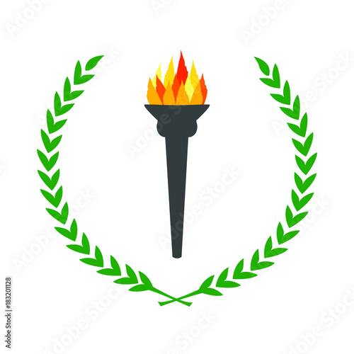 olympic flame burning torch with laurel wreath green leaves circle simple color flat vector illustration olympic games symbol