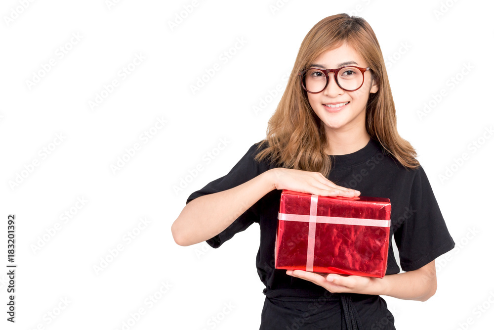 Woman holding gift box isolated on white background Woman holding gift box isolated on white background