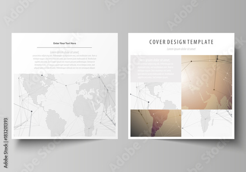 The minimalistic vector illustration of the editable layout of two square format covers design templates for brochure, flyer, booklet. Global network connections, technology background with world map.