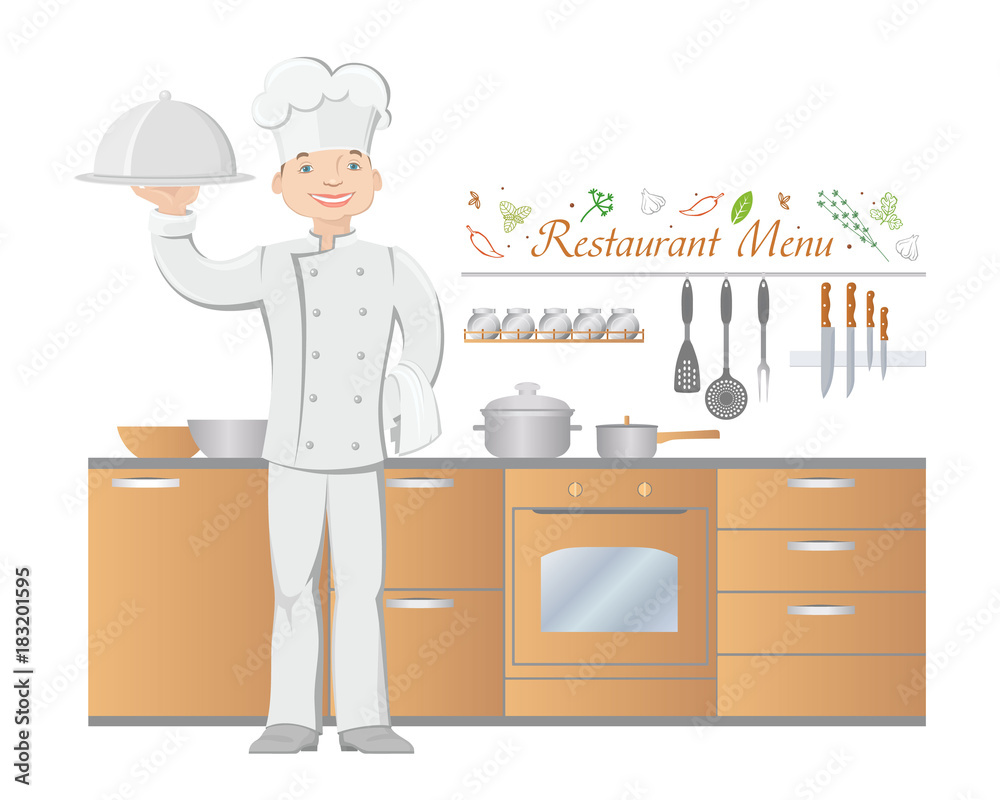 A colorful cartoon chef holds a culinary dish in his hand, against the background of the kitchen and kitchen utensils. Vector drawing, isolated on white background. A colorful cartoon chef holds a culinary dish in his hand, against the background of the kitchen and kitchen utensils. Vector drawing, isolated on white background.