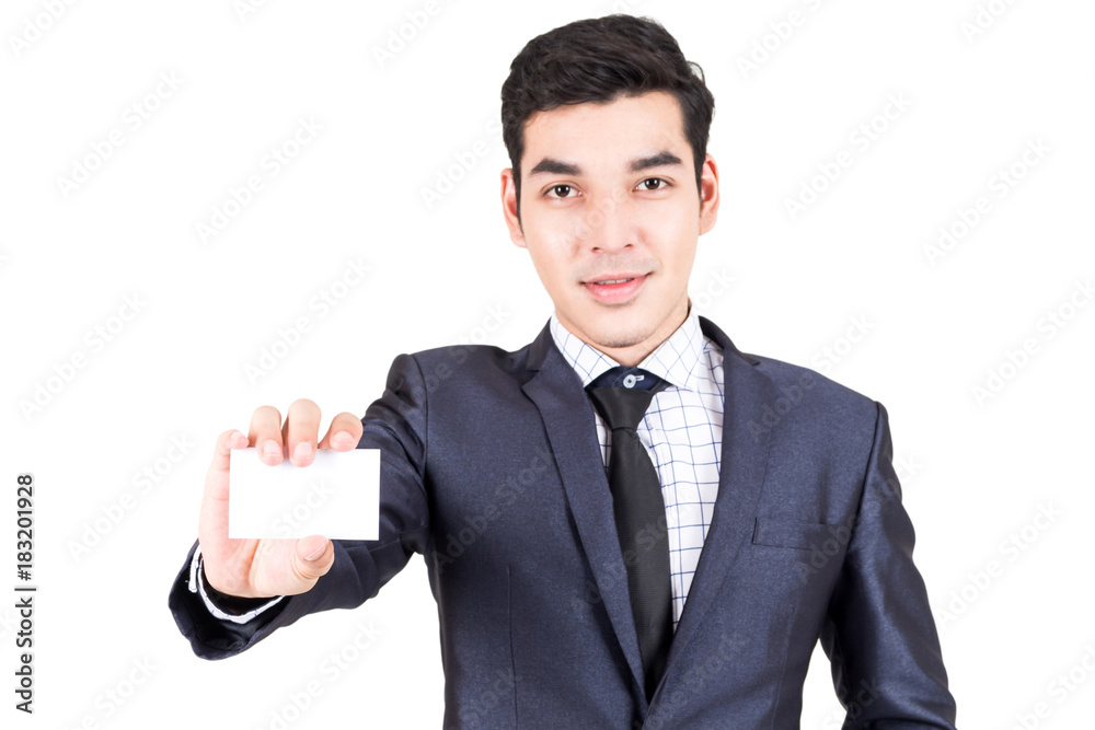 Businessman holding white business card isolated on white background Businessman holding white business card isolated on white background