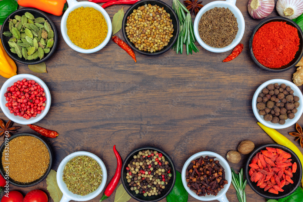 Spices and herbs on wooden background Spices and herbs on wooden background