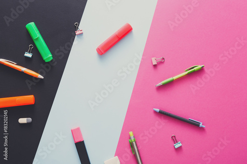 Top view of creative work space, stationery