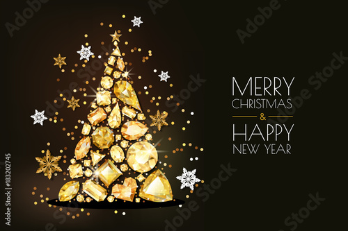 Merry Christmas, Happy New Year greeting card. Vector golden 3d christmas tree, gold gems and snowflakes on black background. Holiday horizontal banner layout, flyer, poster with diamonds, jewels.