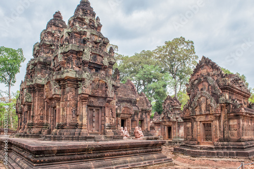 Banteay Srei  a 10th century Hindu temple dedicated to Shiva. The temple built in red sandstone was forgotten for centuries and rediscovered 1814 in the jungle of the Angkor area of Cambodia. 
