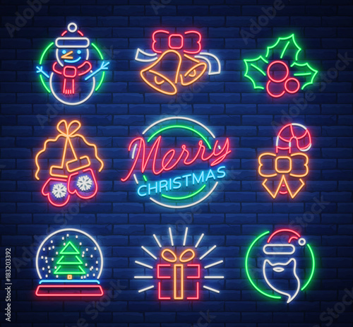 Christmas neon signs. Vector illustration on winter holidays. Neon luminous symbols for New Year and Christmas projects greetings cards, posters, banners, flyers. Neon signboards, vibrant advertising