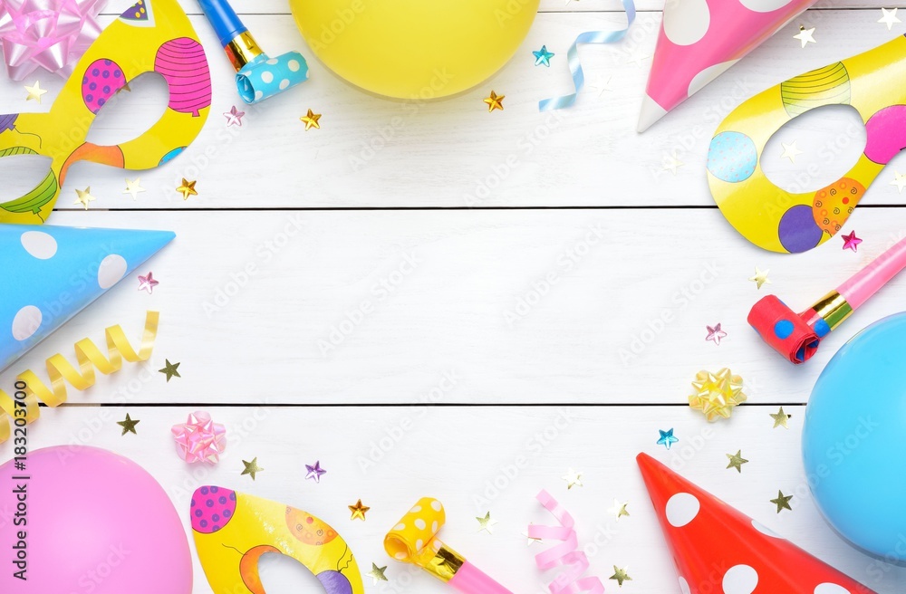 Children party background. Colorful party frame with cap and whistle on