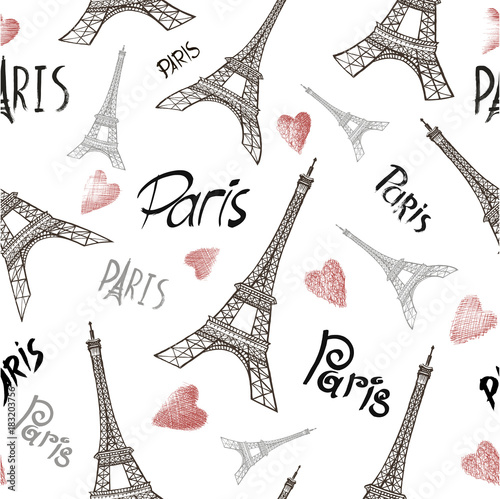Photography Seamless background with symbols of Paris - Eiffel Tower