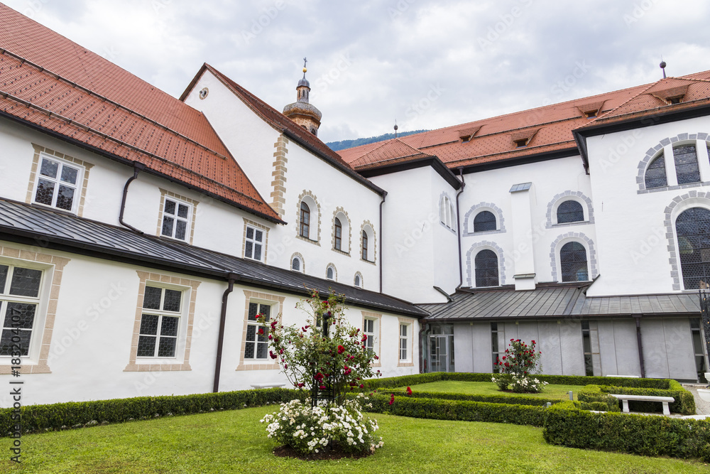 The cloister of Stift Stams, a baroque Cistercian abbey in the municipality of Stams, state of Tyrol, western Austria