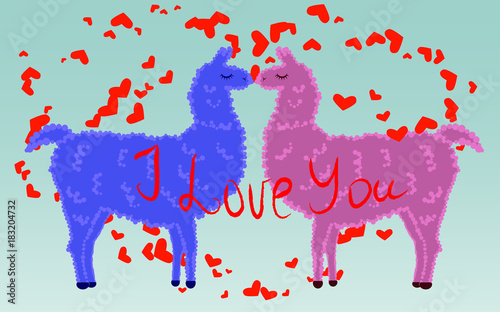 Two lovers, kissing llamas surrounded by hearts. Love is in the air. Inscription I love you, postcard, Valentine's day