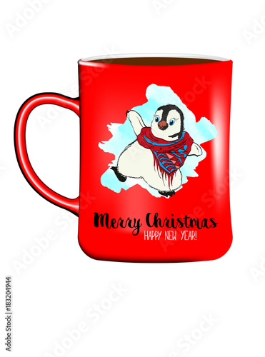 Bowl with funny cartoon penguin in a scarf. Merry Christmas and happy new year.