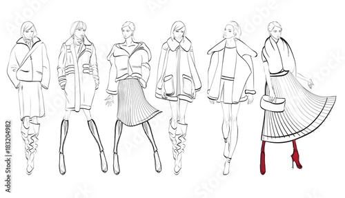 A set of fashionable sketches. Autumn-winter 2018. Fashionable girl on a white background.