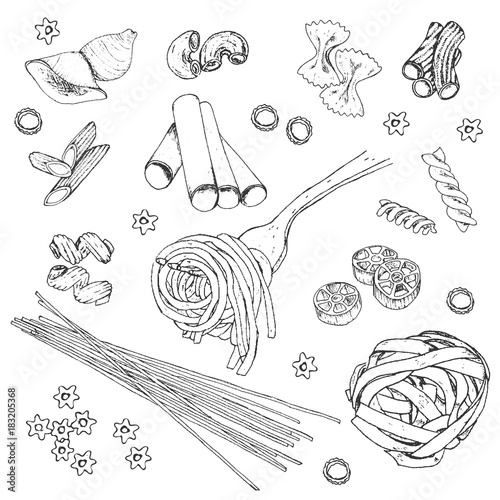 Set of isolated sketch images of pasta. Hand drawn vector llustration