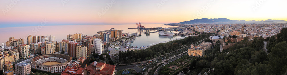 Sunset panorama view of vity Malaga, Andalusia in Spain