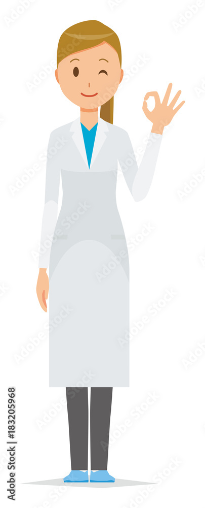A female doctor wearing a white coat is playing an okay sign A female doctor wearing a white coat is playing an okay sign