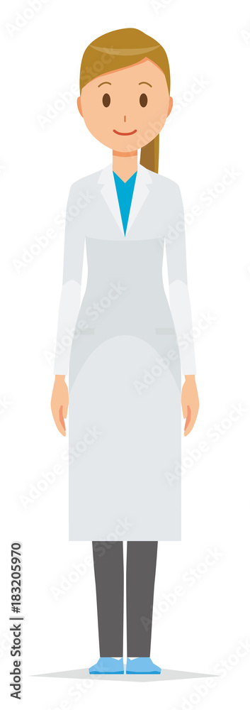 A female doctor wearing a white suit is standing A female doctor wearing a white suit is standing