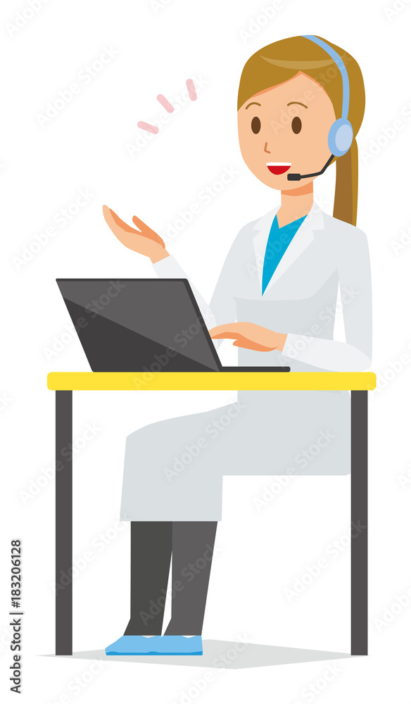 A female doctor wearing a white suit calls with a headset A female doctor wearing a white suit calls with a headset