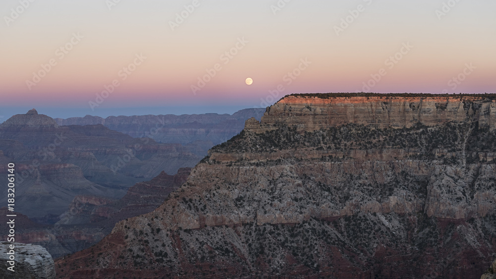 Moonrise over spectacular Grand Canyon, American national monument and park, view from the South Rim, Grand Canyon National Park, Arizona, USA