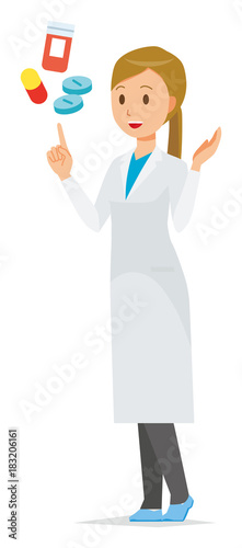 A female doctor wearing a white coat explains about medicine