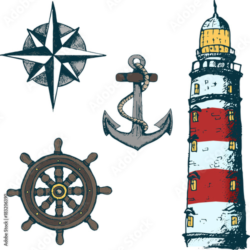 Set sea illustrations. Anchor, wheel, sailing ship, compass rose, lighthouse . Sketch stile. Colored.