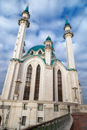 The main mosque of Qol Sherif in the background of the cloudy sky in the city of Kazan, Republic of Tatarstan, Russia, November 2017.